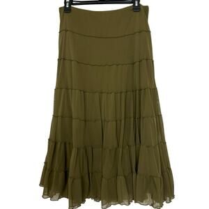 Olive Green Tiered Mesh Midi Skirt Large Boho Cottagecore Forest Fairy Indie